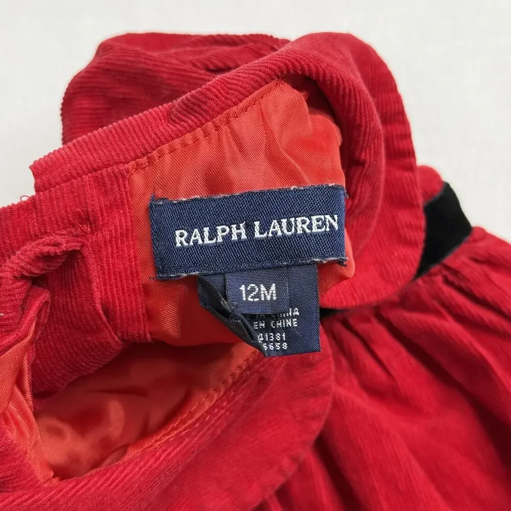 Ralph Lauren Dress Girls 12M Red Corduroy Collared Fit & Flare Velvet Belt Party